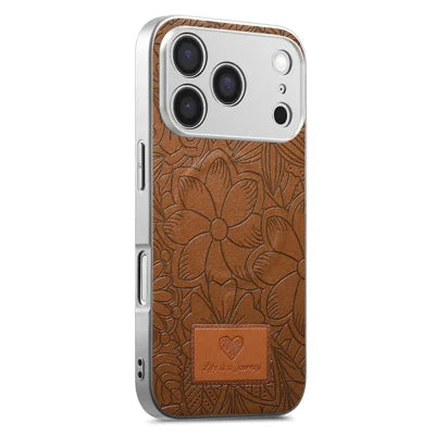 For iPhone 18 Pro Max  /  17 Pro Max Magnetic Case Flowers and Leaves Imprinted PU Leather PC TPU Phone Cover - Brown
