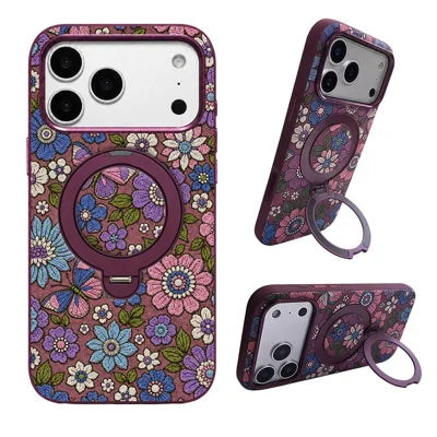 DENIOR For iPhone 18 Pro Max  /  17 Pro Max Case Magnetic Kickstand Embroidered Floral Style Phone Cover - Purple
