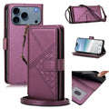 For iPhone 18 Pro Max  /  17 Pro Max Wallet Case 9 Card Slots Rhombus Diagonal Line Imprinted Leather Phone Cover with Straps - Violet