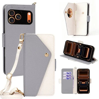 For iPhone 18 Pro Max / 17 Pro Max Crossbody Leather Case Envelope Style Phone Wallet Cover with Mirror / Shoulder Strap - Blue