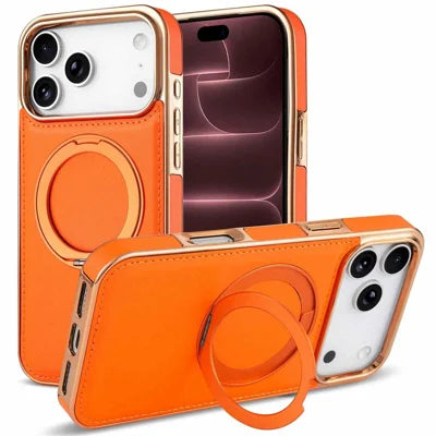 For iPhone 18 Pro Max / 17 Pro Max Magnetic Case 360-Degree Rotating Kickstand Leather + PC + TPU Phone Cover - Orange