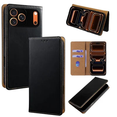 For iPhone 18 Pro Max / 17 Pro Max Case Genuine Cow Leather RFID Blocking Flip Wallet Phone Cover - Black