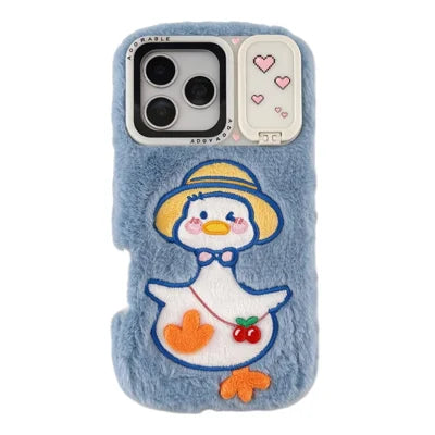 For iPhone 18 Pro Max  /  17 Pro Max  /  16 Pro Max Case Cartoon Duck Plush Embroidered TPU Phone Cover with Makeup Mirror Kickstand - Blue