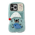 For iPhone 18 Pro Max  /  17 Pro Max Case Cartoon Seal Holding Fish Plush Embroidered TPU Phone Cover with Makeup Mirror Kickstand - Blue