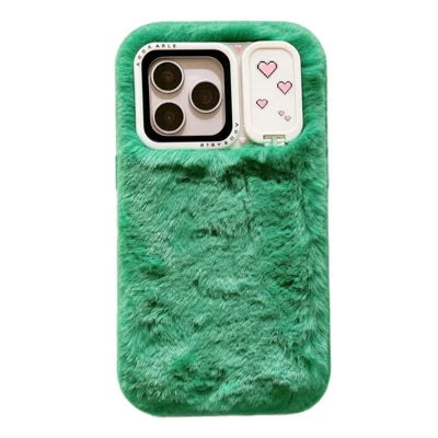Case for iPhone 18 Pro Max  /  17 Pro Max  /  16 Pro Max Plush + TPU Phone Cover with Makeup Mirror Kickstand - Green