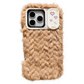 Phone Case for iPhone 18 Pro Max  /  17 Pro Max  /  16 Pro Max , Makeup Mirror Kickstand Camera Protection Wavy Plush Phone Cover - Coffee