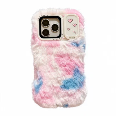 Phone Case for iPhone 18 Pro Max / 17 Pro Max / 16 Pro Max , Mirror Kickstand Gradient Tie-Dye Plush Back Cover - Pink+Blue