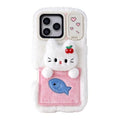 Phone Case for iPhone 18 Pro Max  /  17 Pro Max  /  16 Pro Max Makeup Mirror Kickstand Embroidered Fishing Cat Plush TPU Cover - White  /  Pink