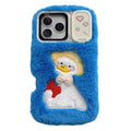 Plush Phone Case for iPhone 18 Pro Max  /  17 Pro Max  /  16 Pro Max Makeup Mirror Kickstand Lens Protector Duck Embroidery TPU Cover - Blue