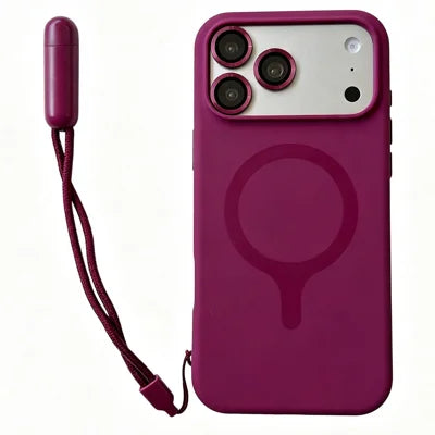 For iPhone 18 Pro Max / 17 Pro Max Magnetic Case Liquid Silicone Shockproof Phone Cover with Wrist Strap and Lens Protector - Dark Purple