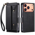 For iPhone 18 Pro Max / 17 Pro Max Leather Case Retro Wallet Flip Stand Phone Cover with Wrist Strap - Black