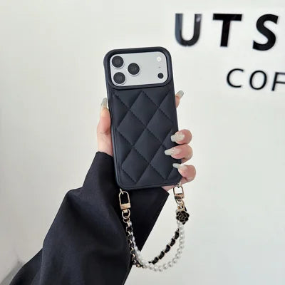 For iPhone 18 Pro Max / 17 Pro Max Case Rhombus Pattern PU Leather Phone Back Cover with Wrist Strap - Black