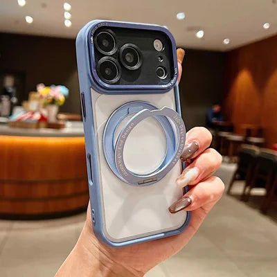 For iPhone 18 Pro Max / 17 Pro Max Case with Magnetic Rotating Kickstand Clear PC + TPU Precision Cutouts Phone Cover - Blue