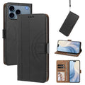 For iPhone 18 Pro Max / 17 Pro Max Leather Wallet Case Retro U-Line Imprinted Flip Stand Phone Cover with Wrist Strap - Black