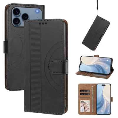 For iPhone 18 Pro Max / 17 Pro Max Leather Wallet Case Retro U-Line Imprinted Flip Stand Phone Cover with Wrist Strap - Black