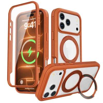 For iPhone 18 Pro Max / 17 Pro Max Case with Built-in Screen Protector Rotating Magnetic Kickstand Phone Cover - Orange