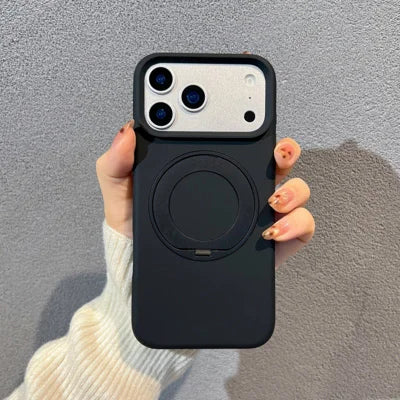 For iPhone 18 Pro Max / 17 Pro Max Magnetic Case Rotating Kickstand Liquid Silicone + PC Phone Cover - Black