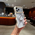 For iPhone 18 Pro Max / 17 Pro Max Magnetic Case Clear PC+TPU Wavy Edge Phone Cover 360 Degree Rotating Stand - White