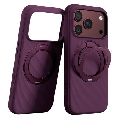 For iPhone 18 Pro Max / 17 Pro Max Case Liquid Silicone Wave Design Magnetic Kickstand Microfiber Lining Shockproof Cover - Deep Cherry